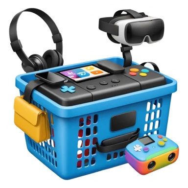 shopping basket with a gaming console, VR headset, and action camera emoji sticker