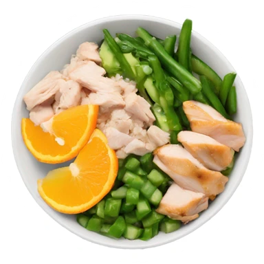 Poke bowl with chicken, avocado, orange, cucumbers and green beans; side view sticker