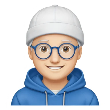 A man with smile and round wearing glasses, blue hoodei and white cap.  sticker