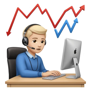 A person sitting at a desk working and looking at a computer with upward arrows and percentage signs, suggesting digital sales, marketing, or outreach. sticker