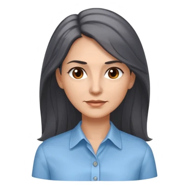 vit 50-årig kvinna med grå slingor i jättelångt mörkbrunt hår bruna ögon ljusblå skjorta med översta knappen uppknäppt sticker