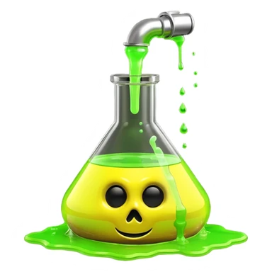3D render of Spilled Flask, toxic waste aesthetic, neon green bubbling liquid, caution yellow metal, industrial warning texture. sticker