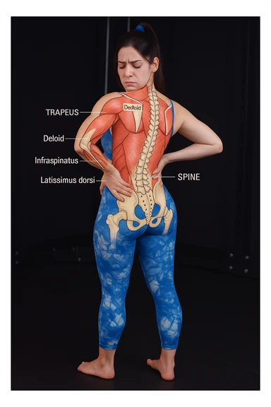 A woman with back pain, add an anatomically highlighted back on the body, variant 4, in a style suitable for editing and anatomical clarity. sticker