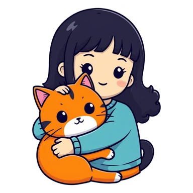 black haired girl hugging an orange cat sticker