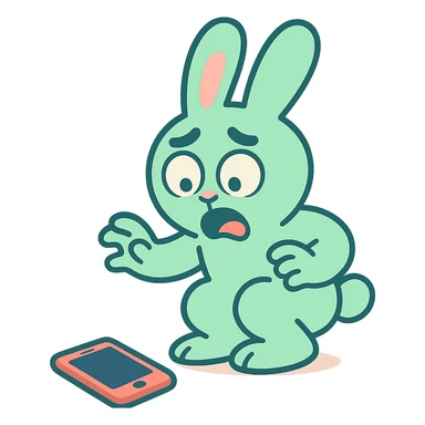 mint bunny shocked looking at phone on ground, pastel-toon style sticker