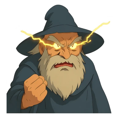 ghibli style angry wizard with lightning eyes and a balled up fist sticker
