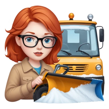 a light red headed lady, pale with blue eyes and glasses driving a snowplow sticker
