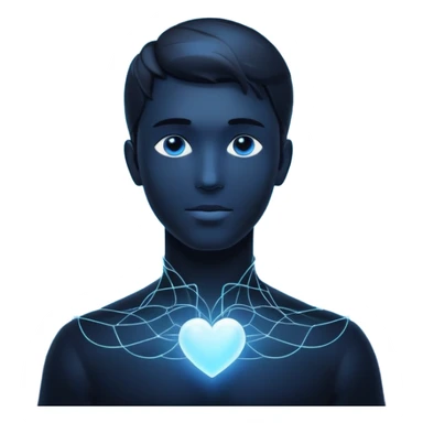 elegant man silhouette with delicate interconnected lines and floating orbs, luminous cores at head and heart, soft white-blue light sticker