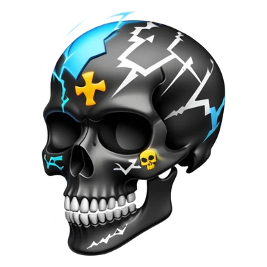 sleek black skull with electric graffiti designs and high-end fashion logos, dramatic three-quarter view sticker