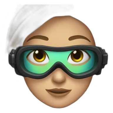 woman with black scubadiving gear with fins, in her face green and blue eyes sticker