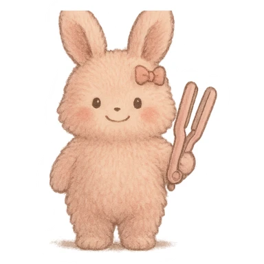 full-body soft pink bunny hair straightener extremely fluffy and plush tiny bow gentle happy face with enhanced Ghibli-style softness sticker