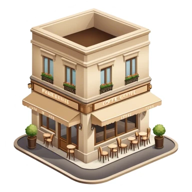 beige parisian coffee shop, isometric exterior view sticker