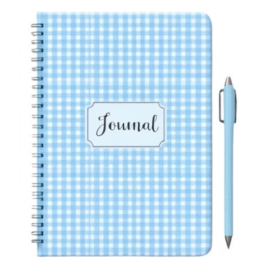 Cute  journal cover, pastel blue gingham pattern
Handwritten feminine typography, soft aesthetic, cozy girl vibe
Clean product mockup, minimal shadows, lifestyle stationery style sticker
