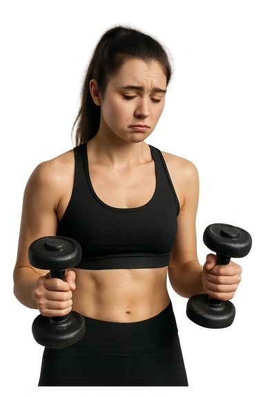 DONNA FITNESS CON MANUBRI DA PALESTRA IN MANO ED ESPRESSIONE TRISTE sticker