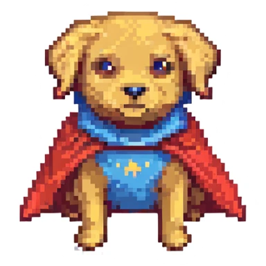 A pixel art style emoji of a super dog with a red cape. sticker