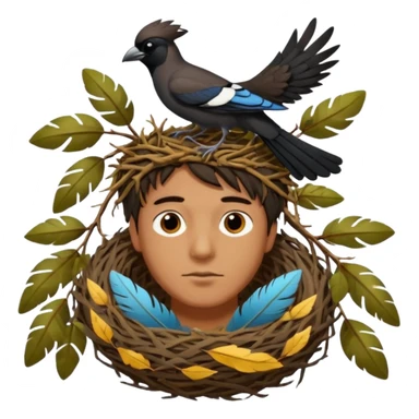 A man who has a magpie birds nest on top of his head for hair sticker
