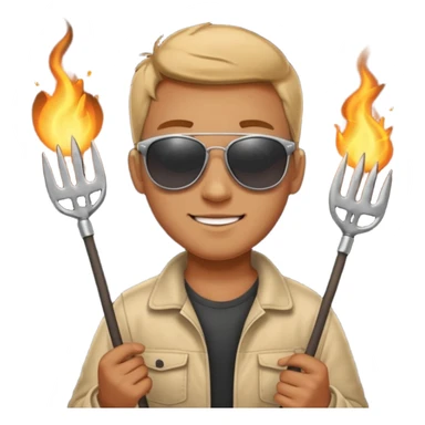 A guy in sunglasses holding tongs, proudly turning skewers over glowing charcoal. sticker
