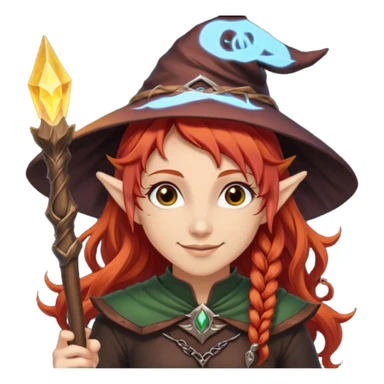 Bruxa meio elfa, ruivo forte (acobreado puxado pro castanho escuro) olhos escuros, e sorrindo 🧝🏻‍♀️ nesaa pegada desse emoji ai, e branca não muito branca tbm sticker