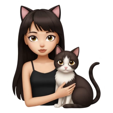 generate a pretty bratz girl in black cami top, dark brown straight long hair with bangs, eyeliner on, cuddling a cat sticker