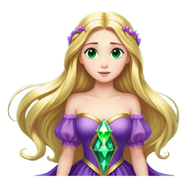 Cinematic Stunning Rapunzel Portrait Emoji, Golden hair cascading in a luminous waterfall, big emerald-green eyes full of wonder, wearing her iconic purple gown, radiating beauty and magic, glowing with fairy-tale charm! sticker