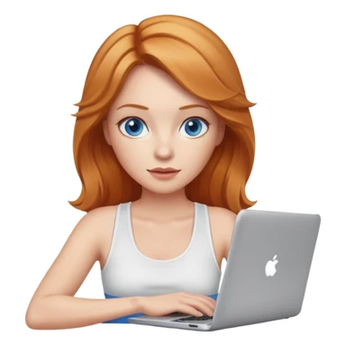 Strawberry blonde woman with blue eyes and white tank and  laptop sticker