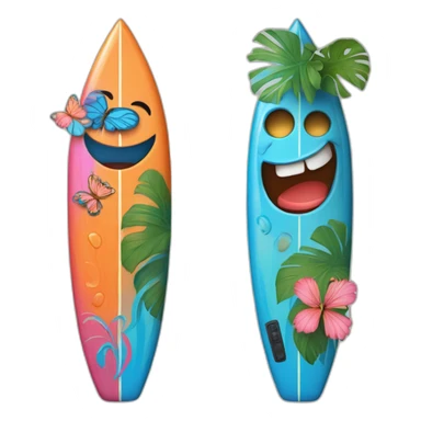 A surfboard Cartoon Blue and orange tiki smiling with butterfly and and Cartoon Blue and pink tiki singing with butterfly and mikrophone sticker