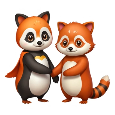A cartoon penguin and red panda holding "hands" sticker