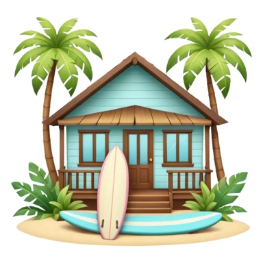 Hawaiian bungalow house, pastel colors, wooden porch, surfboard leaning on wall, palm leaves, tropical vibe, cute mobile game icon style, 3D cartoon, clean background, no text
 sticker