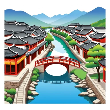 Lijiang Ancient Town Yunnan with canals and bridges, simplified emoji style with bold outlines and bright colors, cartoon style traditional Chinese old town sticker