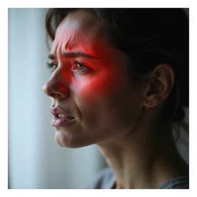 side close-up of a woman's head, temple area highlighted in red, intense pain expression, realistic style, light background sticker