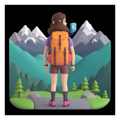 girl back packing mountains in background, close up pose sticker