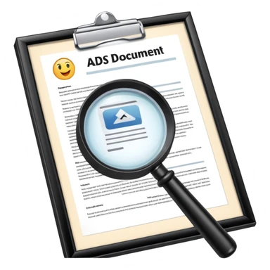 Ads policy document with a magnifying glass examining it sticker