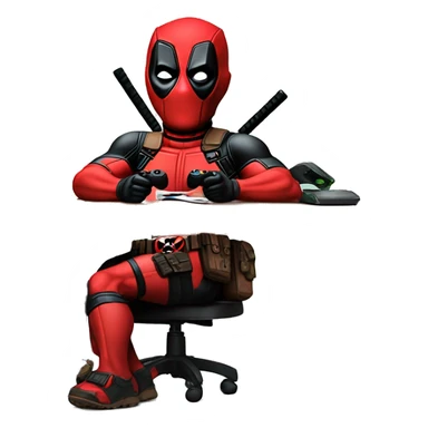 Deadpool holding xbox controller sitting at a desk, front view sticker
