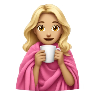 a blonde girl drinking coffee with a pink blanket around her shoulders sticker