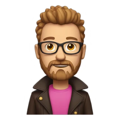 white man with brown beard a pink mohawk and thick glasses wearing a leather coat sticker
