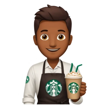 create a sticker of my male bangladeshi friend who is supervisor at starbucks plus coffemaster so black apron woth coffeemaster on it and starbucks logo sticker