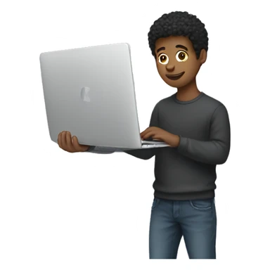 A young man holding a macbook sticker