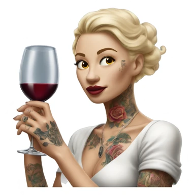 Blonde elegant women, her body covered with tattoos, wine in her one hand, pointing myself with her other hand , Hyper realistic sticker