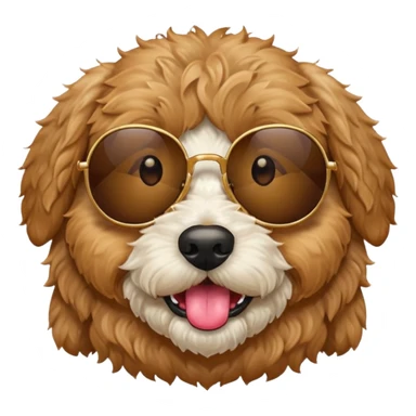 Create a  circle golden doodle dog with brown eyes emoji  sticking its tongue out with sunglasses on sticker