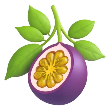 a whole passion fruit, deep purple, with a green leaf, fresh and glossy sticker