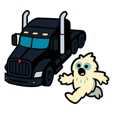 Remove the background, keep only the black Kenworth W680 flat top semi truck and the small furry abominable snowman, top-down vibrant toon style, colorful and playful, no text. sticker