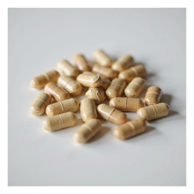 hyperrealistic scattered dietary supplement capsules on isolated white background, 4K details, neutral lighting sticker