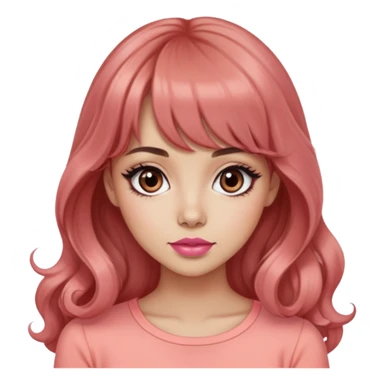 cute woman, light tan skin, big black eyes, very long wavy auburn hair, bangs, pink top, coral lipstick sticker