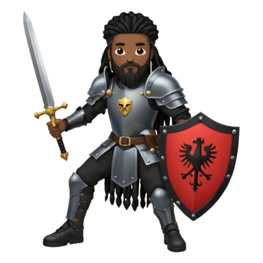 African American with long black dreadlocks with black beard wearing a black knight amour wearing wearing black Air Force 1 low top shoes holding a shield and a double edge sword sticker