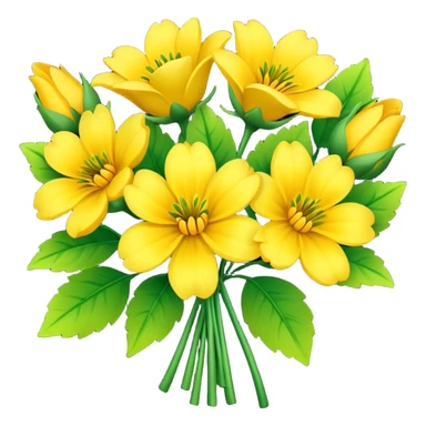 Generate a high-quality image of a bouquet of flowers dominated by yellow blooms, with a mix of green leaves, realistic colors and shading, smooth gradient colors, no human figures, no facial features, no brand markings, simple white background, high-resolution.
 sticker