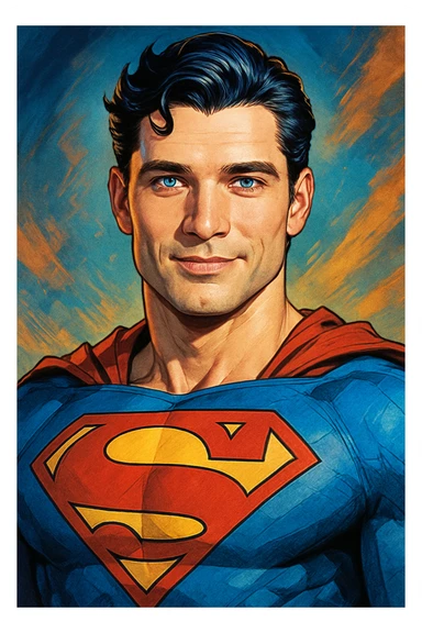 David Corenswet as Superman, close-up portrait, S-shield visible, blue eyes, slight smile, modern comic book style sticker