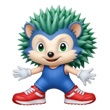 Blue anthropomorphic hedgehog, spiky hair, large green eyes, confident smile.Wearing red sneakers with white straps and white gloves. sticker