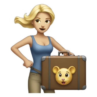 Blonde woman holding suitcase fighting mouse  sticker