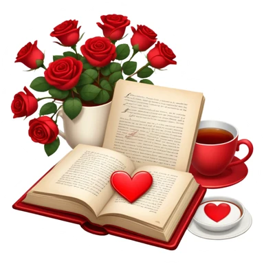 Icon for Romance Reading: an open book with a heart-shaped bookmark, surrounded by roses, a love letter, and a cup of tea. The icon should evoke the warmth, passion, and emotional depth of a love story. Transparent background sticker