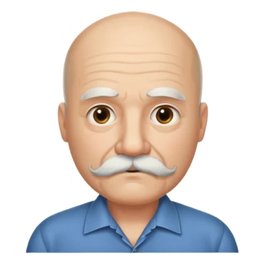 61 years old. Bald with dark hair on the sides. black thick moustache. White beard. saying sorry sticker
